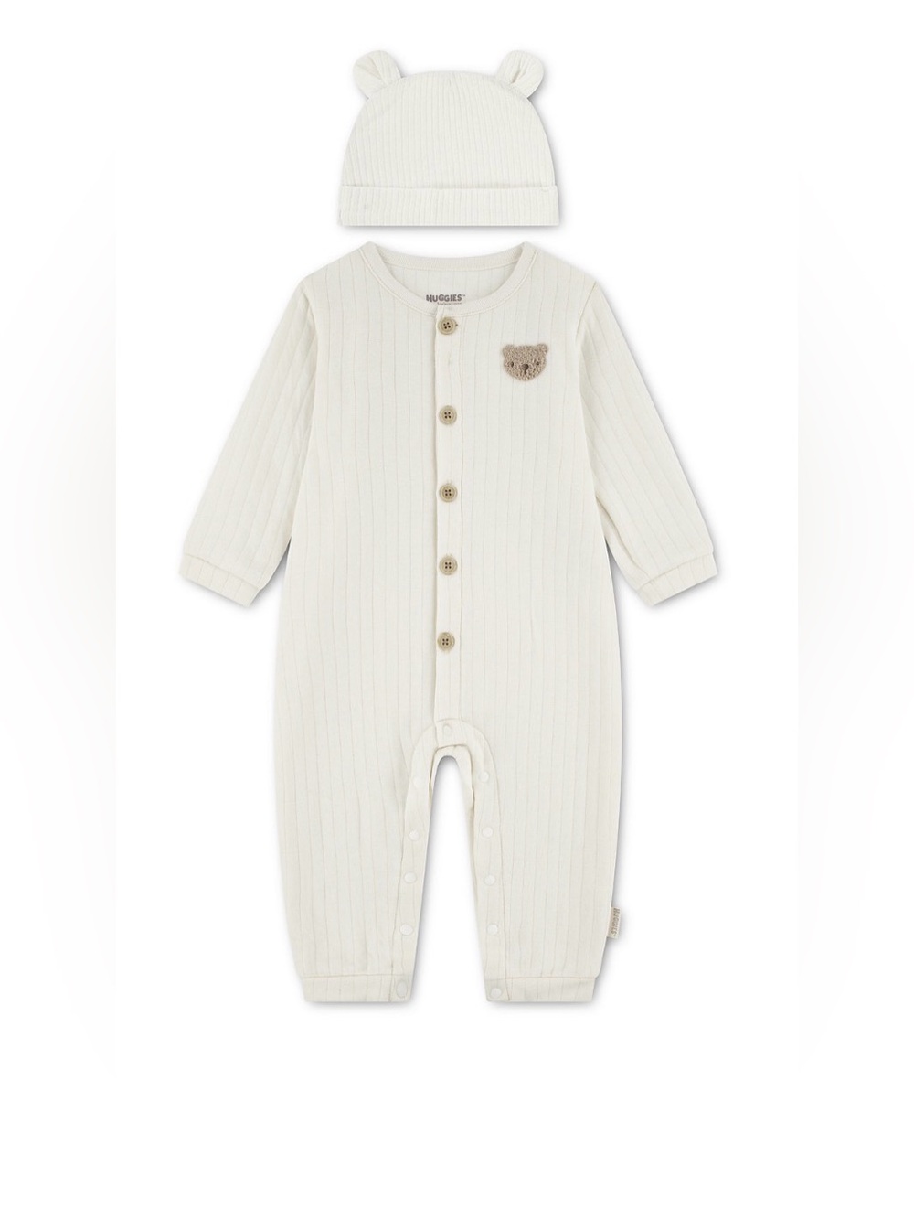 Huggies Cozy Cream Ribbed One-Piece with Bear Appliqué and Beanie 6M NWT🍼